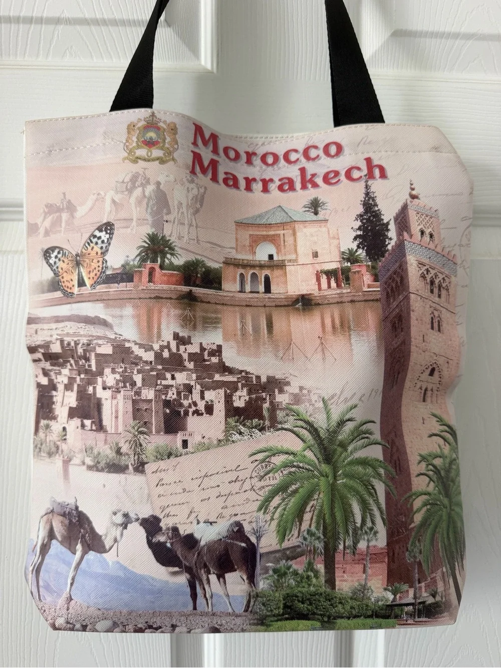 Morocco Marrakech Printed Canvas Tote Bag - Beige & Brown